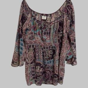 Jordache Y2K Metallic Semi Sheer 3/4 Sleeve Top Whimsigoth Fairy Hippie Size L